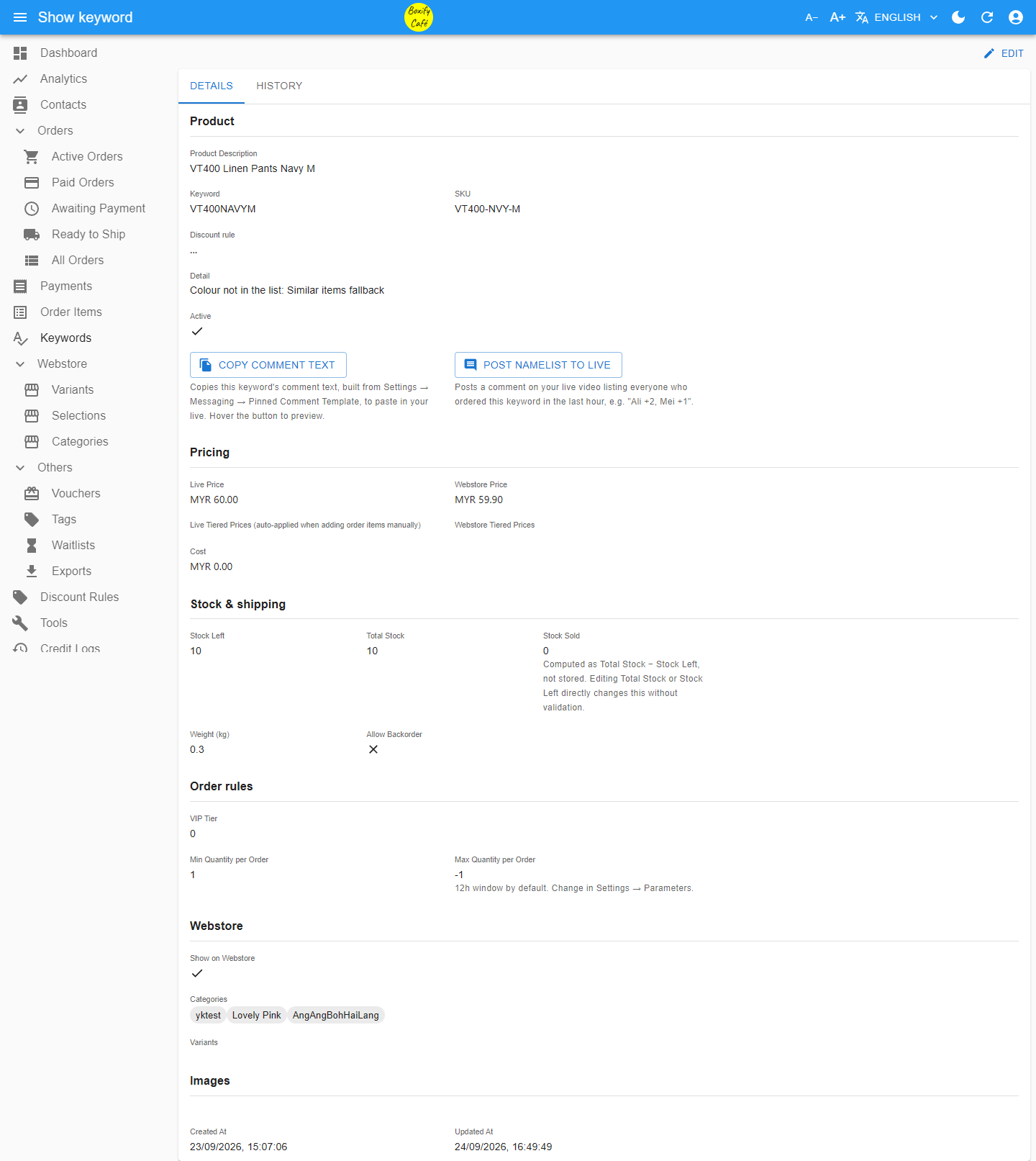 Keyword page with the COPY COMMENT TEXT and POST NAMELIST TO LIVE buttons at the bottom of the Product section