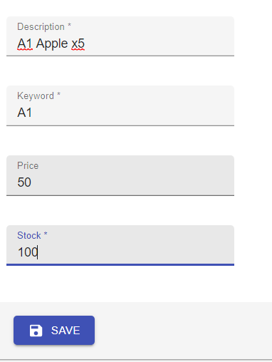 Keyword creation form showing description, keyword, price, and stock fields