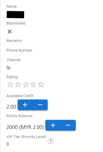 Customer contact page showing the Available Credit row and the Points Balance row reading 2000 (MYR 2.00) with plus and minus buttons