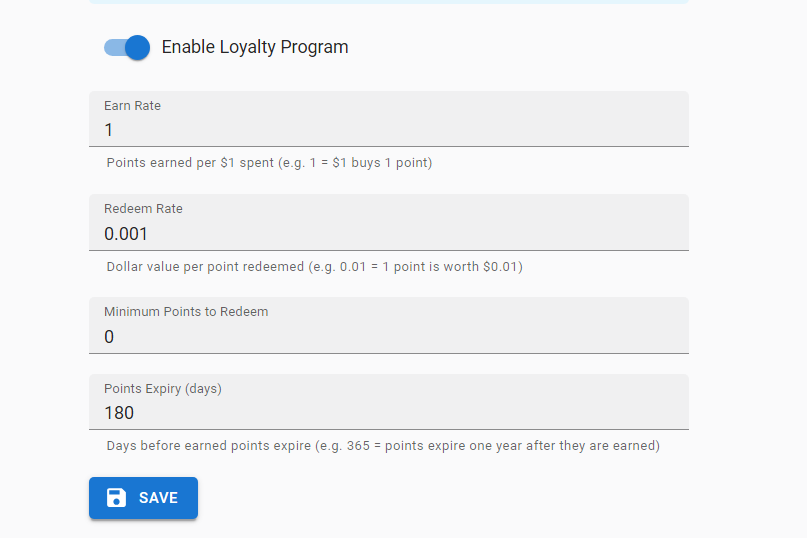 Loyalty Points settings with the Enable Loyalty Program switch on and the Earn Rate, Redeem Rate, Minimum Points to Redeem and Points Expiry fields filled in