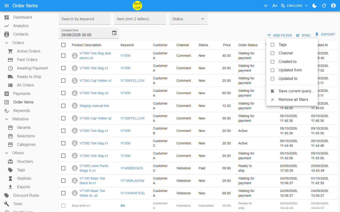 Order Items list with the Add filter menu open