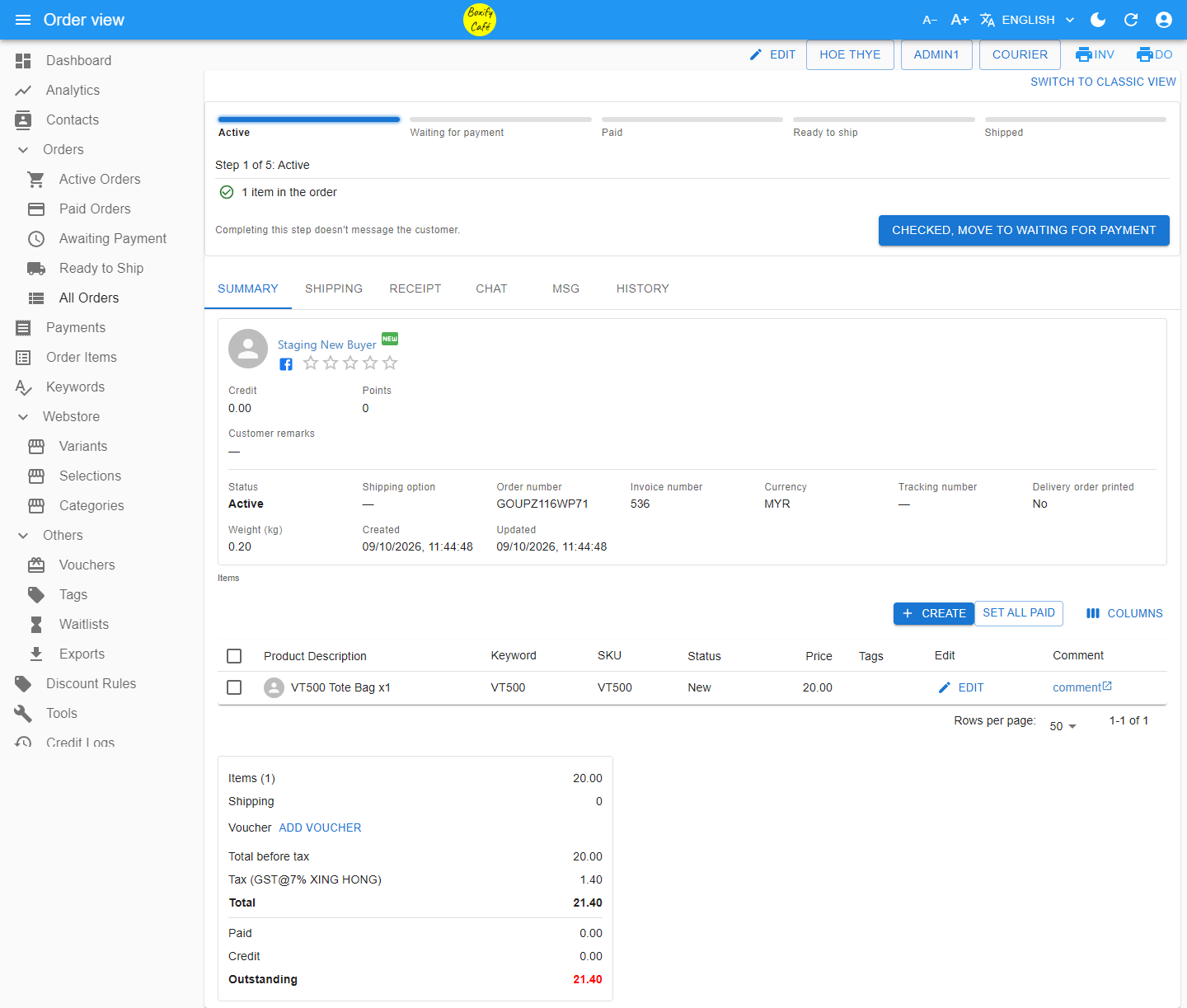 Order view in the Boxify Admin Panel showing the stage bar, tabs, and order summary