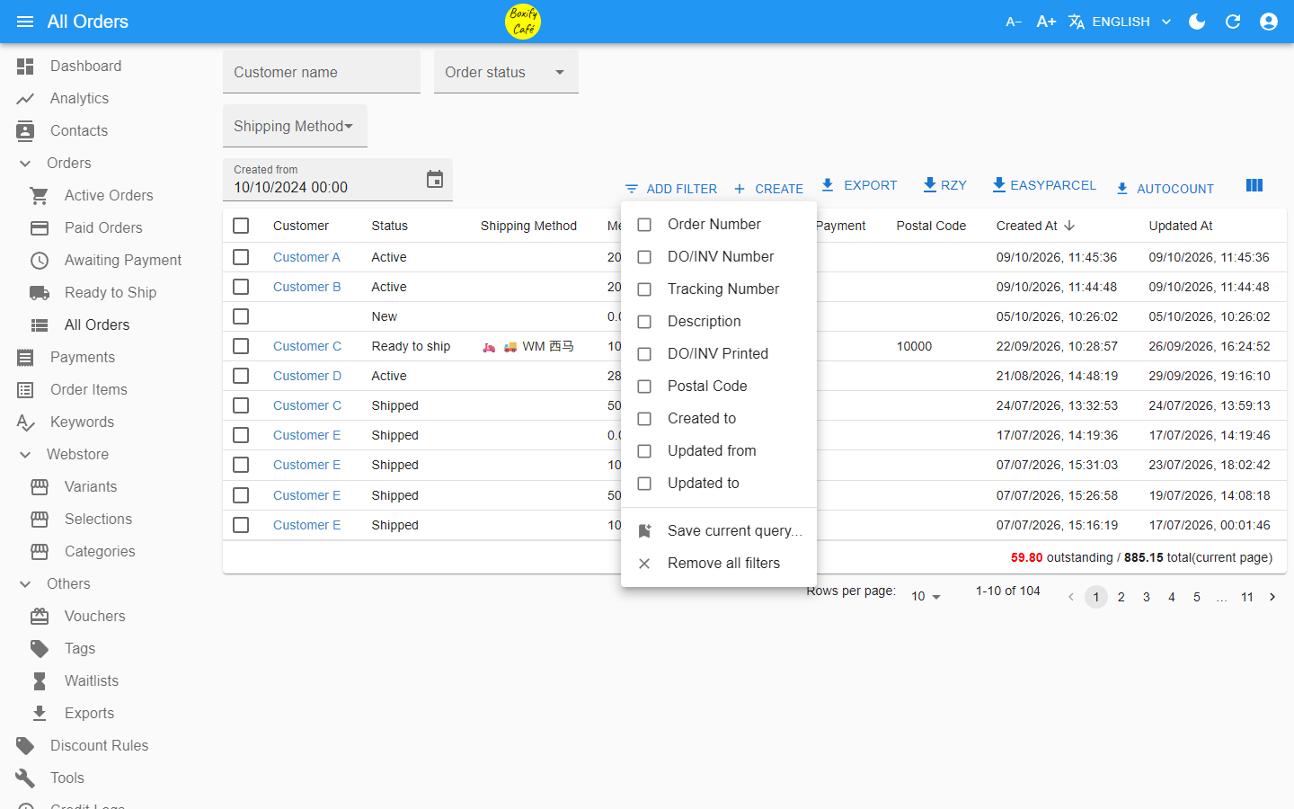 All Orders list with the Add filter menu open