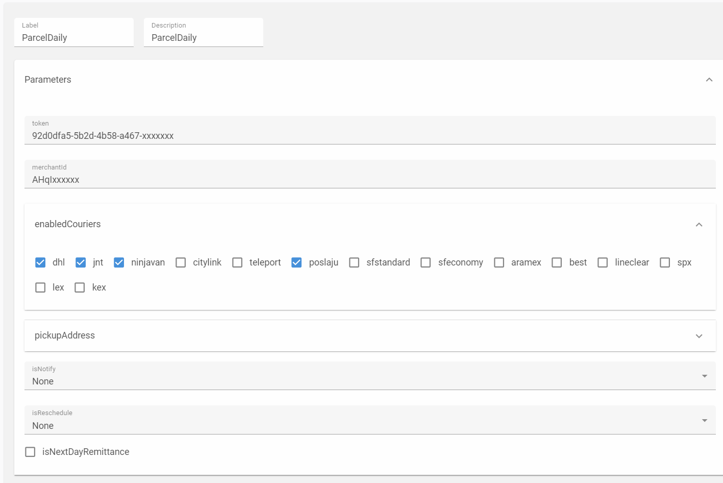 ParcelDaily shipping profile with the Parameters section open, showing the token and merchantId fields and the enabledCouriers checkboxes