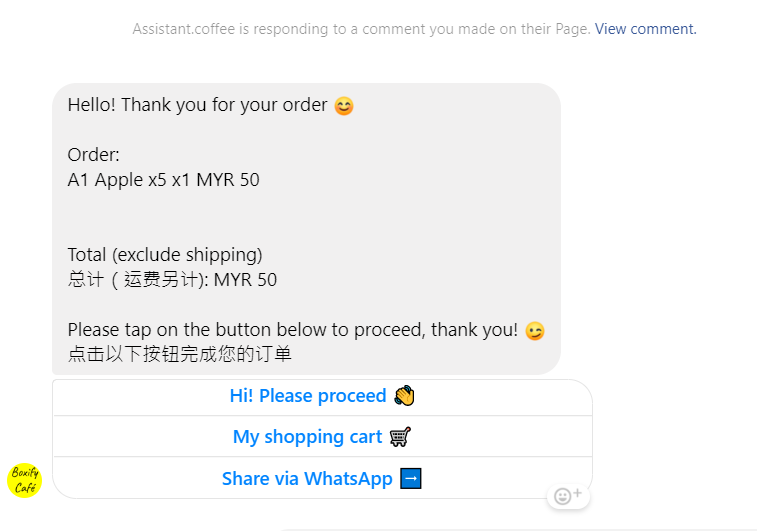Messenger notification from Boxify showing a new order