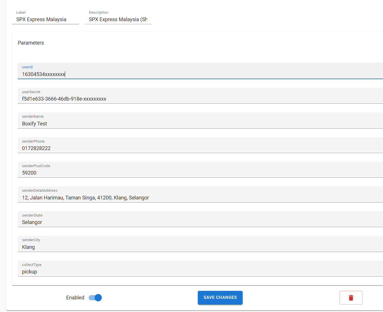 SPX Express Malaysia shipping profile with the Parameters section open, showing the userId, userSecret, sender address fields and collectType set to pickup