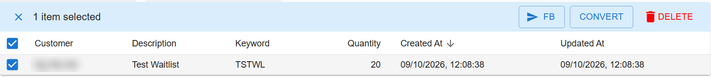 Bulk actions toolbar in Boxify Waitlists with the FB, Convert and Delete buttons after one row is ticked