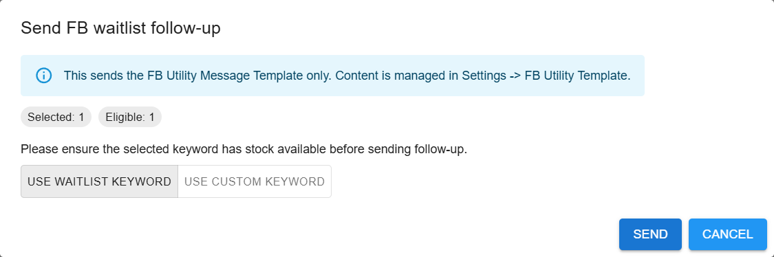 Send FB waitlist follow-up dialog in Boxify showing the template notice, Selected and Eligible counts, and the Use waitlist keyword and Use custom keyword options