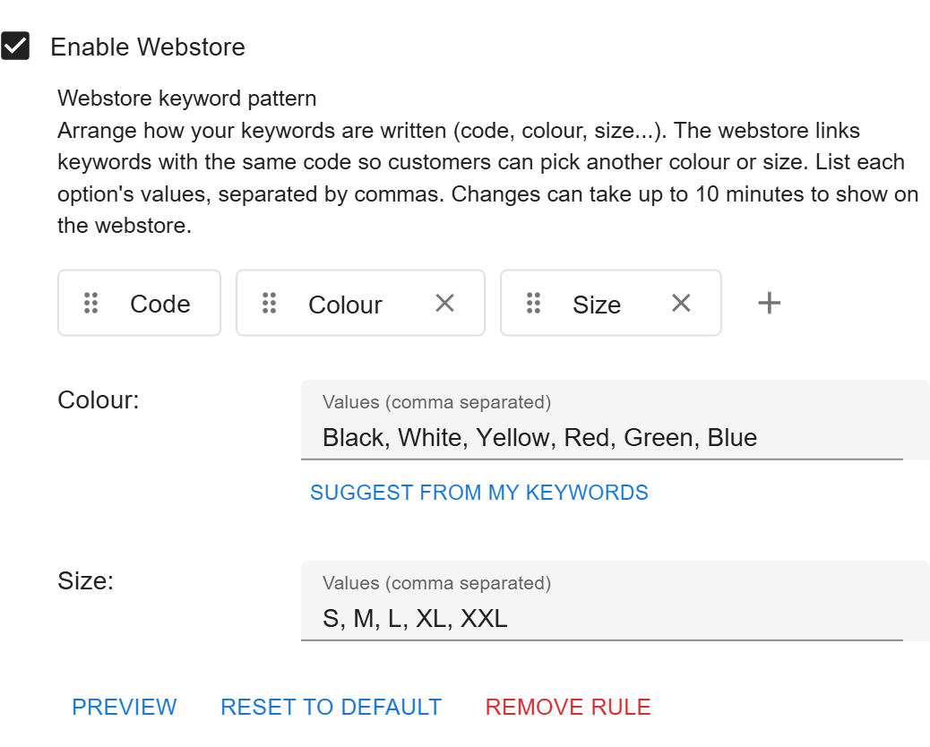 Webstore keyword pattern editor