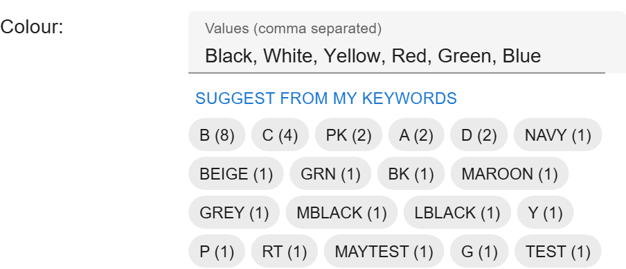 Suggested values from your keywords
