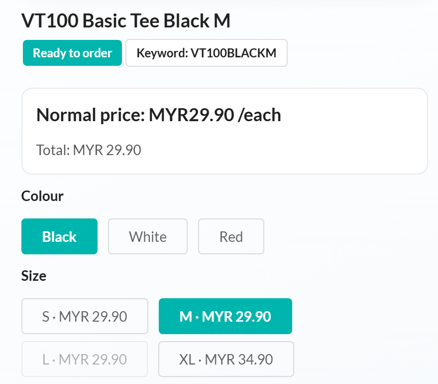 Product page with Colour and Size options